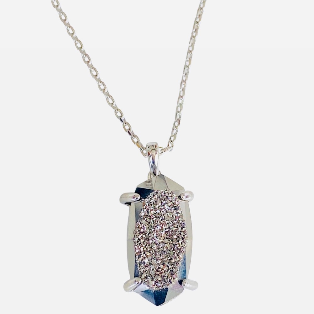 NWT Kendra Scott Silver Harrison Pendant Necklace Platinum Drusy Quartz w/Duster